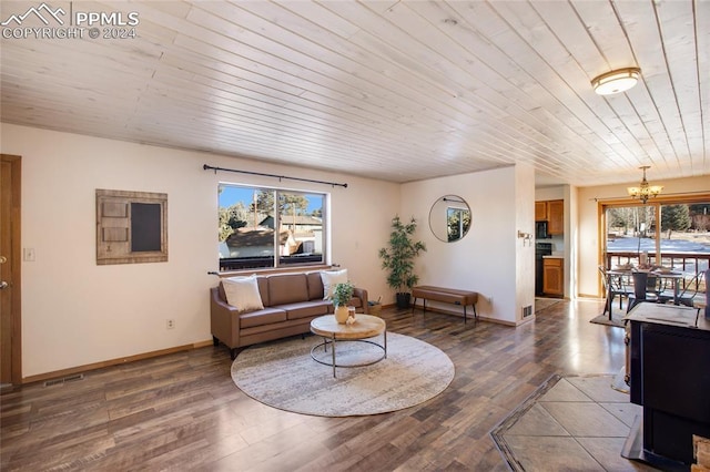 living room with dark hardwood / wood-style floors, wood ceiling, a wealth of natural light, and a chandelier