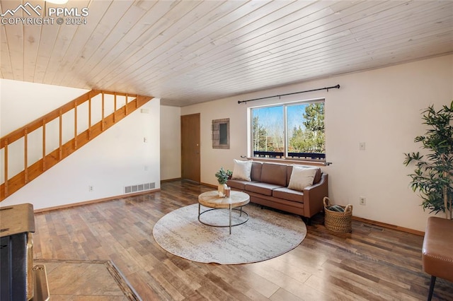 living room featuring wooden ceiling and hardwood / wood-style flooring