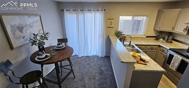 kitchen featuring light stone countertops, a kitchen breakfast bar, dark carpet, electric stove, and sink