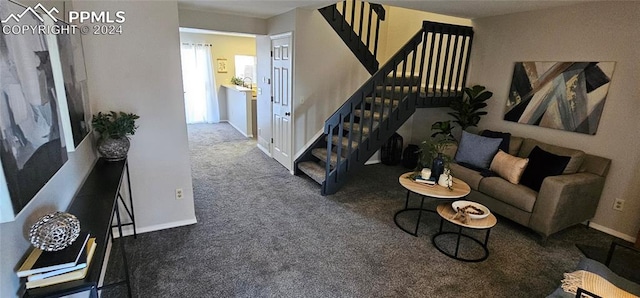 living room with dark colored carpet