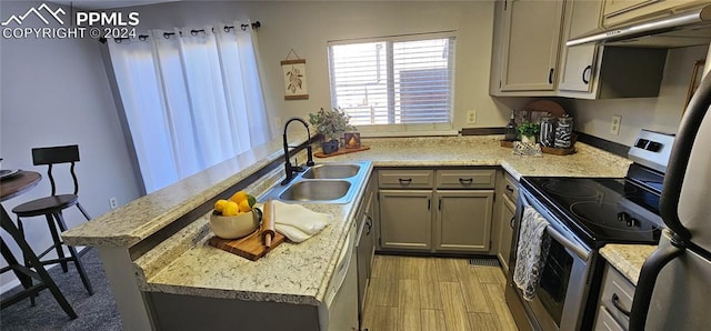 kitchen featuring kitchen peninsula, light stone countertops, gray cabinetry, stainless steel electric stove, and sink