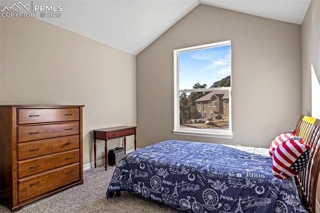 carpeted bedroom with vaulted ceiling