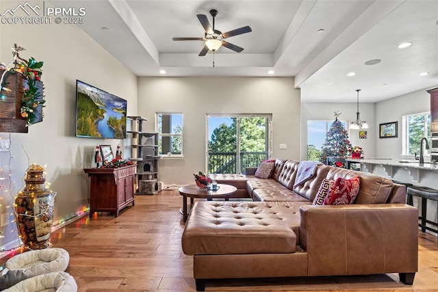 living room featuring ceiling fan with notable chandelier, light wood-type flooring, a raised ceiling, and sink