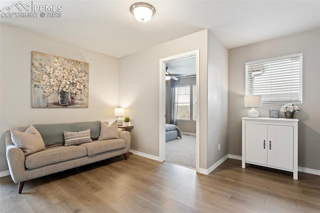 living room with hardwood / wood-style flooring and ceiling fan