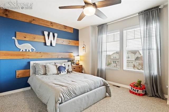 carpeted bedroom with ceiling fan