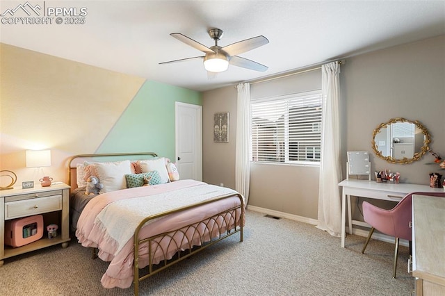 bedroom featuring light colored carpet and ceiling fan