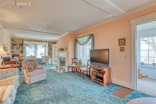 carpeted living room featuring beamed ceiling, built in features, and crown molding