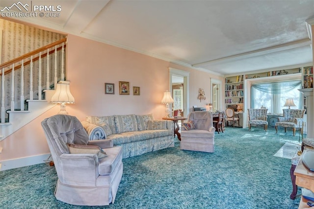 carpeted living room featuring built in shelves and ornamental molding