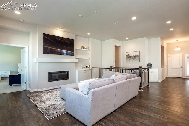 living room featuring dark wood-type flooring