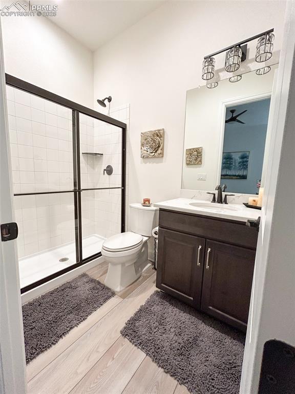 bathroom with vanity, toilet, and a shower with shower door