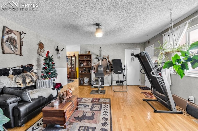 workout room featuring a textured ceiling and hardwood / wood-style flooring