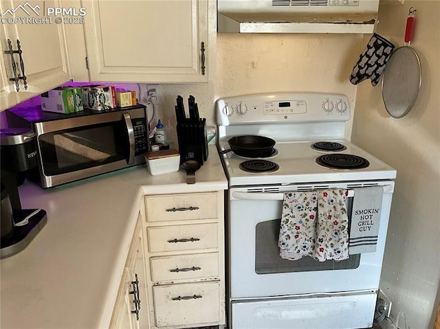 kitchen featuring white electric stove and exhaust hood