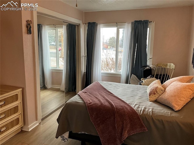 bedroom featuring multiple windows, light hardwood / wood-style flooring, and a closet