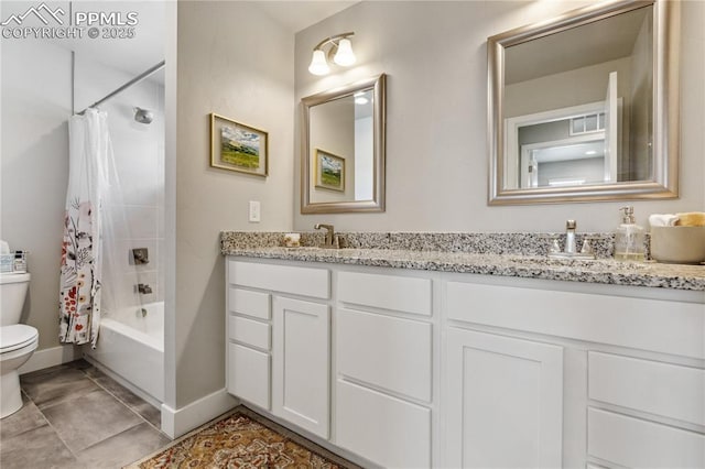 full bathroom featuring vanity, toilet, and shower / tub combo with curtain