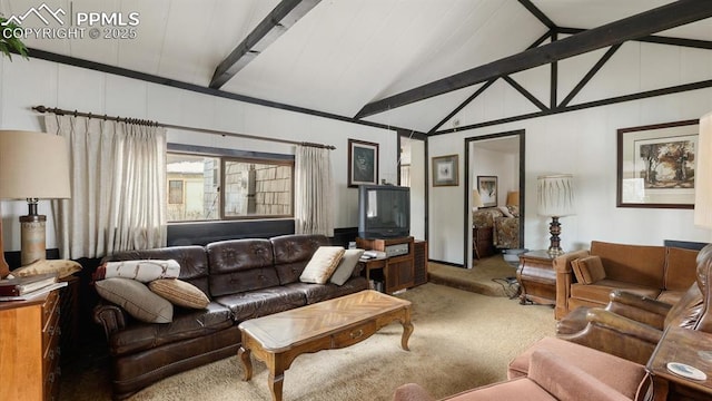 living room with vaulted ceiling with beams and carpet floors