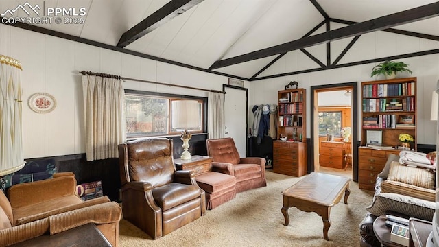 living room with light carpet and lofted ceiling with beams