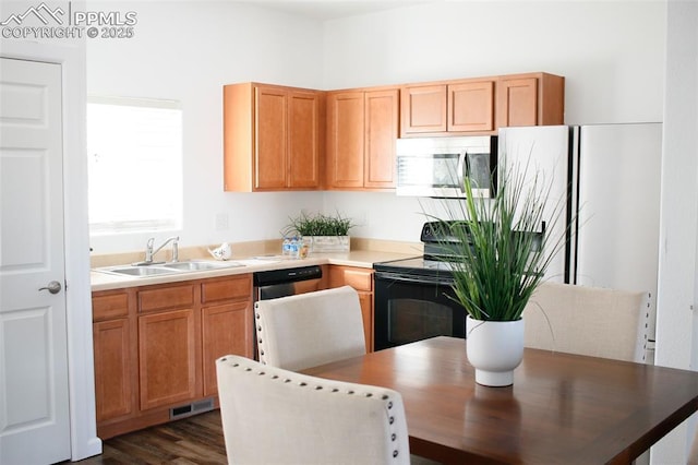 kitchen with dark hardwood / wood-style flooring, electric range, sink, and stainless steel dishwasher