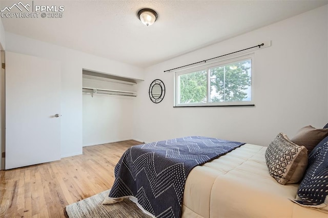 bedroom with hardwood / wood-style flooring, a wall mounted AC, and a closet