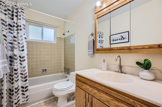 full bathroom with tile patterned flooring, vanity, shower / tub combo, and toilet