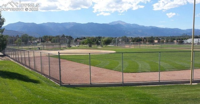 view of property's community with a mountain view and a yard