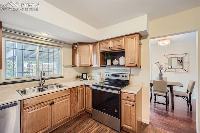 kitchen with dark hardwood / wood-style flooring, sink, and stainless steel appliances