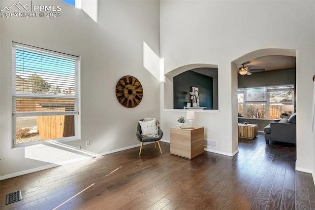 interior space featuring ceiling fan, dark hardwood / wood-style flooring, and a healthy amount of sunlight