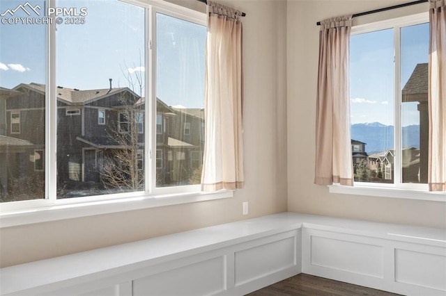 unfurnished room with a mountain view, a healthy amount of sunlight, and dark hardwood / wood-style flooring