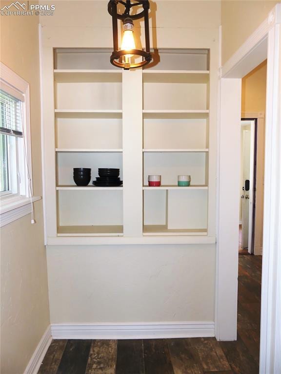 interior details with hardwood / wood-style flooring and built in shelves