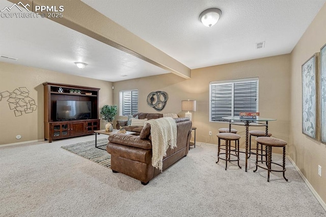 carpeted living room with beamed ceiling and a textured ceiling