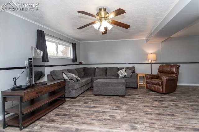 living room with ceiling fan, crown molding, and dark wood-type flooring