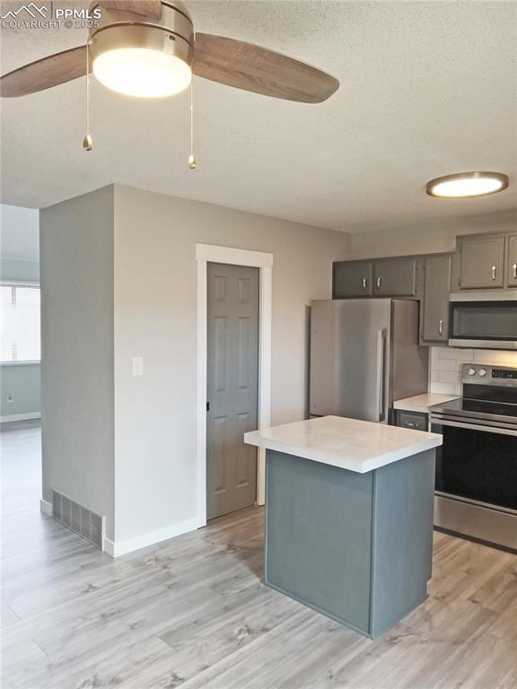 kitchen featuring ceiling fan, backsplash, gray cabinets, a kitchen island, and appliances with stainless steel finishes