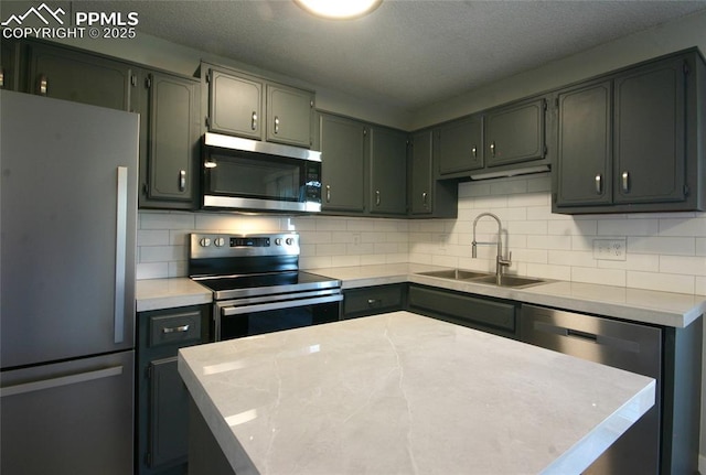 kitchen featuring backsplash, a kitchen island, sink, and stainless steel appliances