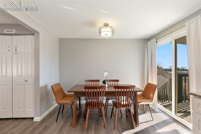 dining space with wood-type flooring