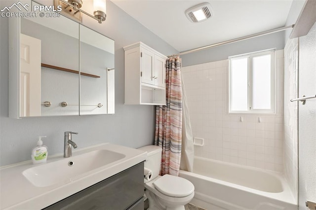 full bathroom with toilet, shower / tub combo, and vanity