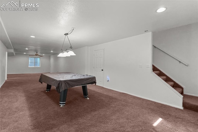 playroom featuring pool table, carpet, baseboards, and recessed lighting