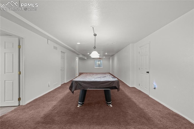 rec room featuring pool table, carpet, and baseboards