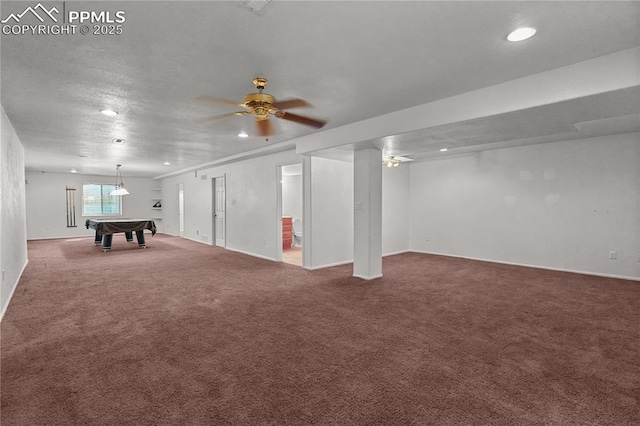 game room featuring carpet, billiards, a ceiling fan, and recessed lighting