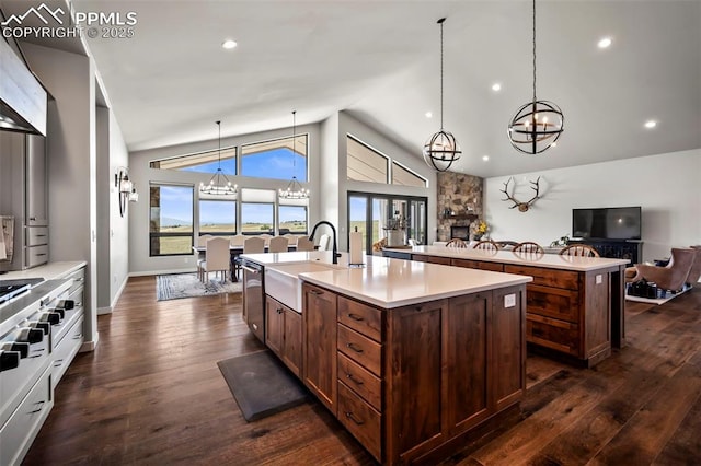 kitchen featuring sink, an island with sink, dark wood-type flooring, and decorative light fixtures