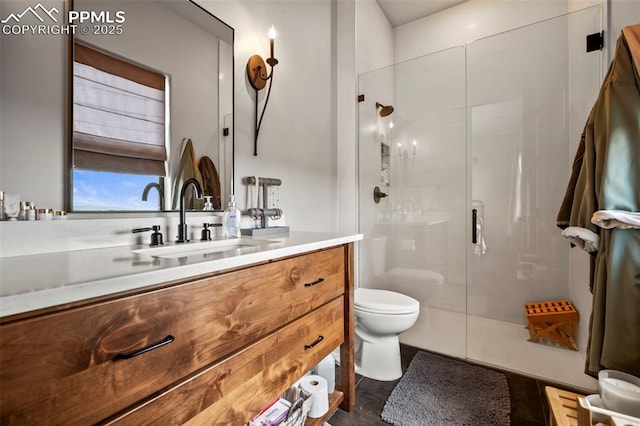 bathroom with vanity, toilet, and a shower with door