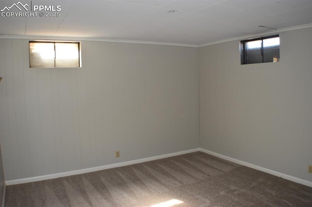 basement featuring carpet, a healthy amount of sunlight, and crown molding