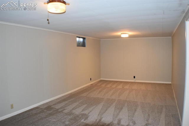 basement featuring carpet flooring and crown molding