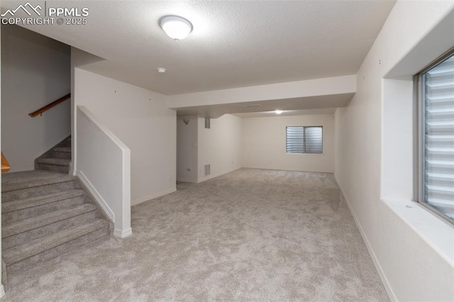 basement featuring light carpet