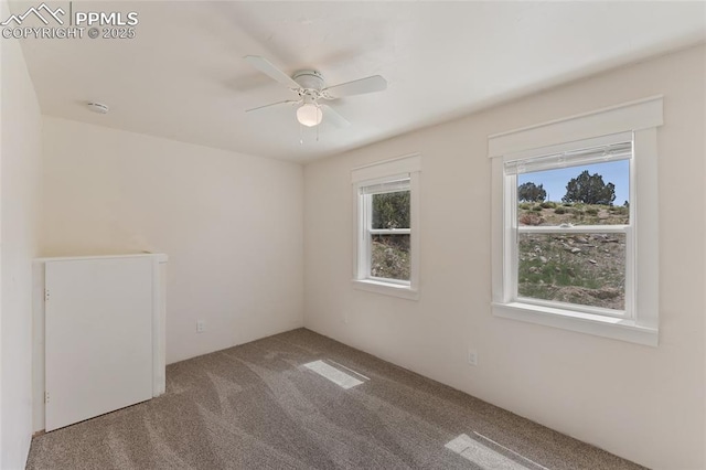 carpeted spare room with ceiling fan