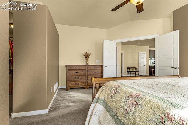 bedroom with lofted ceiling, carpet floors, and ceiling fan