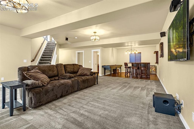 carpeted living room featuring indoor bar