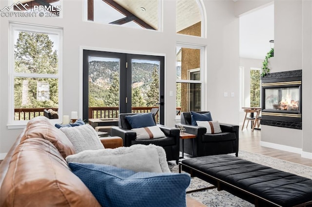 living room with a multi sided fireplace, hardwood / wood-style floors, and plenty of natural light