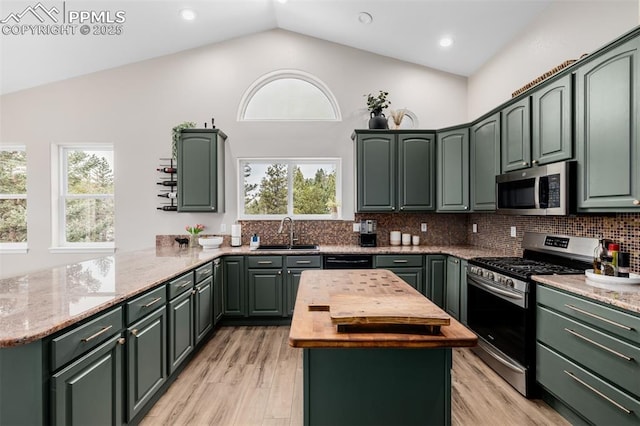 kitchen featuring a wealth of natural light, sink, stainless steel appliances, kitchen peninsula, and light wood-type flooring