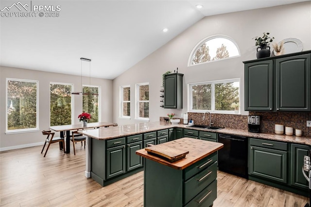 kitchen featuring dishwasher, a center island, sink, and decorative light fixtures