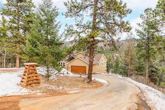 view of front of property with a mountain view and a garage