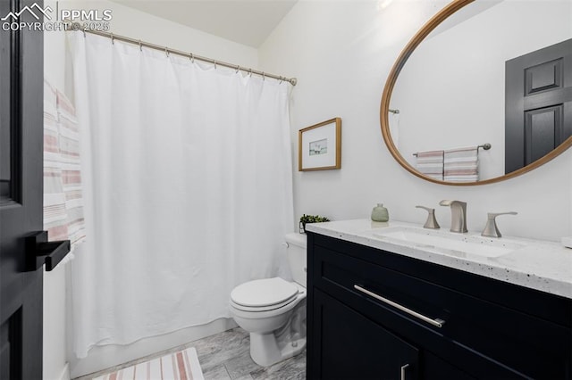 bathroom featuring a shower with curtain, vanity, toilet, and wood-type flooring